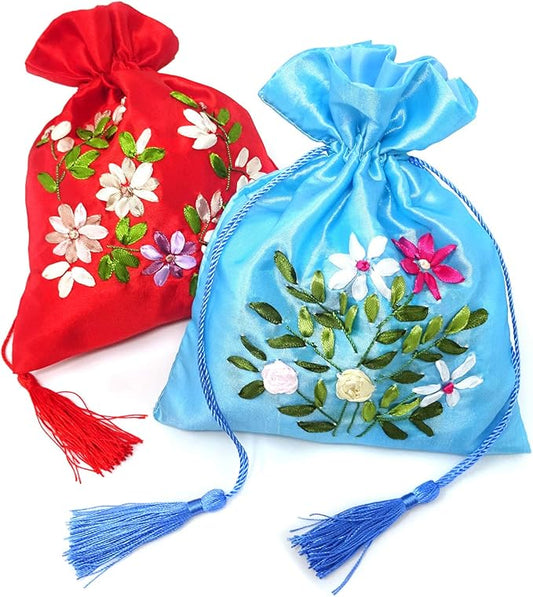 Honbay 2PCS 18x22cm/7.1x8.7inch Drawstring Gift Bags Brocade Silk Jewelry Pouches