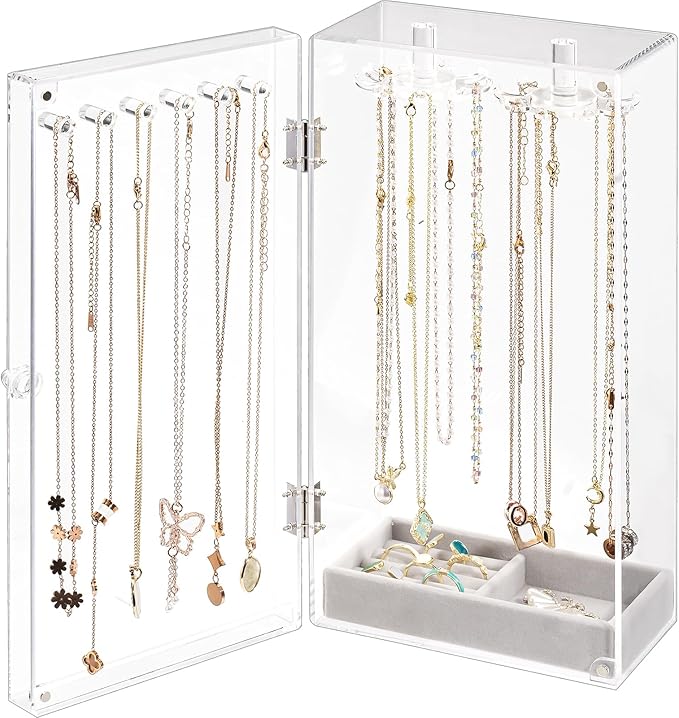 Lolalet Necklace Holder Organizer, Acrylic Jewelry Organizer with 24 Hooks, Rotating Clear Necklaces Display Box, Dust-pro...