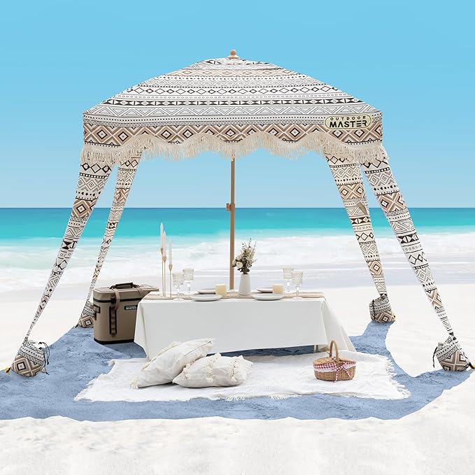 OutdoorMaster Beach Cabana with Fringes, Portable 6' x 6' Beach Canopy for Sand, Easy Set Up Beach Shelter, Included Side ...