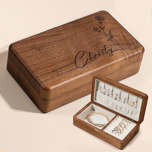 Personalized Jewelry Box Gifts for Women Custom Birthday Wooden Jewelry Box Gifts with Birth Month Flower Walnut Wood Trin...