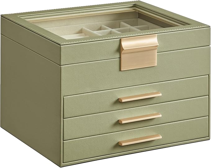 SONGMICS GISELLA Collection - Jewelry Box Organizer, 4-Layer Jewelry Storage with 3 Drawers, Shiny Metal Hardware, Glass L...