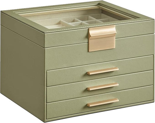 SONGMICS GISELLA Collection - Jewelry Box Organizer, 4-Layer Jewelry Storage with 3 Drawers, Shiny Metal Hardware, Glass L...