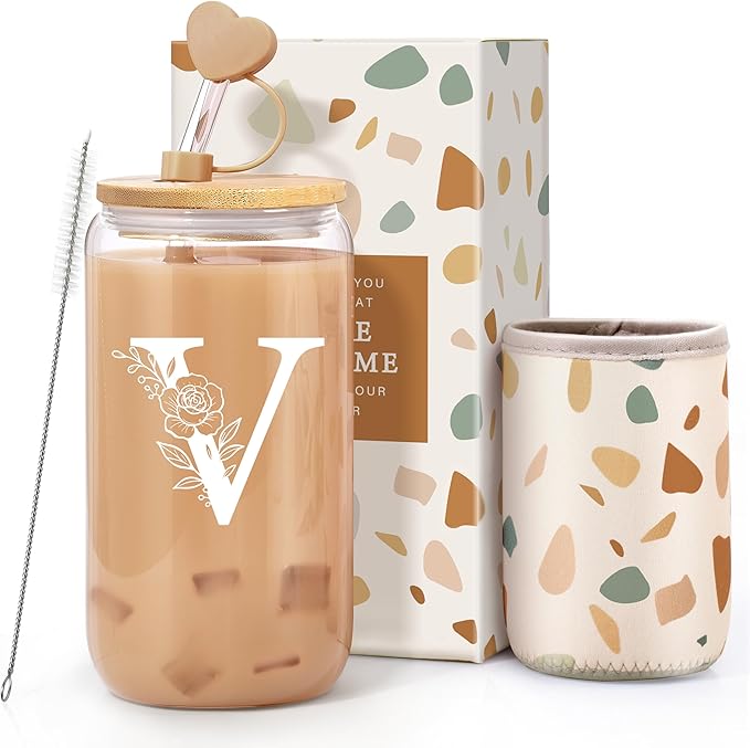 Personalized Gifts for Women, Monogrammed Gifts for Women, Initial 16 oz Glass Cups With Lids and Straws, Customized Mug, ...