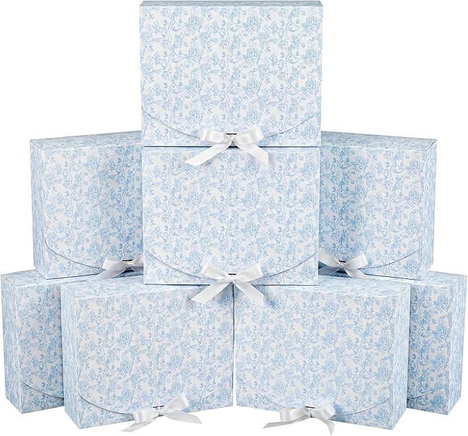 Kolldenn 8 Pack Blue Floral Bridesmaid Proposal Gift Boxes with Ribbon Lids 7.87x10.6x3.2In Toile Flower Empty Paper Box f...