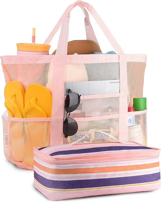 Genteen Beach Bag for Women, Mesh Tote Bags with Zipper, Sandproof Vacation Essentials with Cooler for Swim Cruise Pool