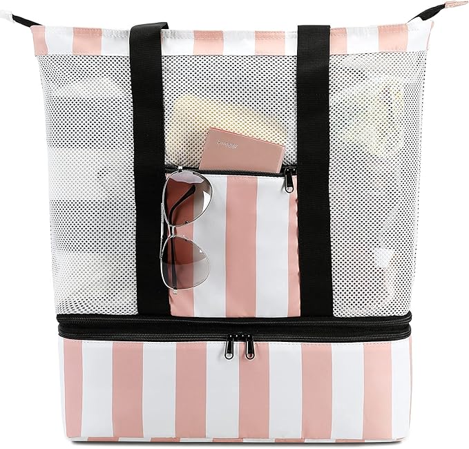 Bluboon Mesh Beach Tote Bag with Cooler Compartment Insulated Detachable Picnic Bag with Zipper and Pocket Pool Bag for Women