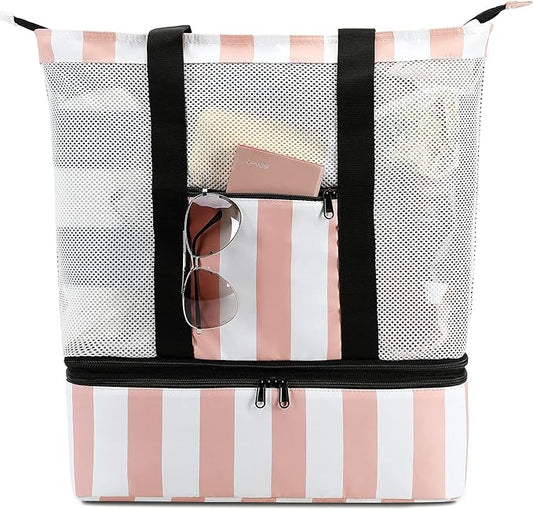 Bluboon Mesh Beach Tote Bag with Cooler Compartment Insulated Detachable Picnic Bag with Zipper and Pocket Pool Bag for Women
