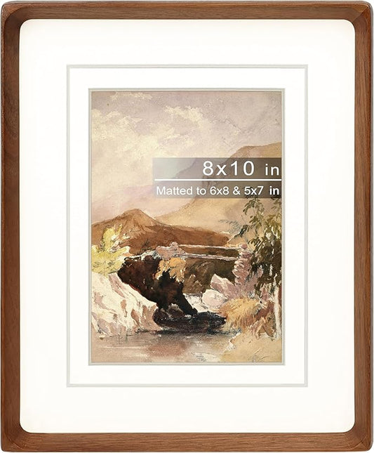 Gdfmsc 8x10 Picture Frame with Mat for 5x7/6x8, Natural Walnut Wood Handcrafted Rounded Corner with Real Glass, Vertical o...