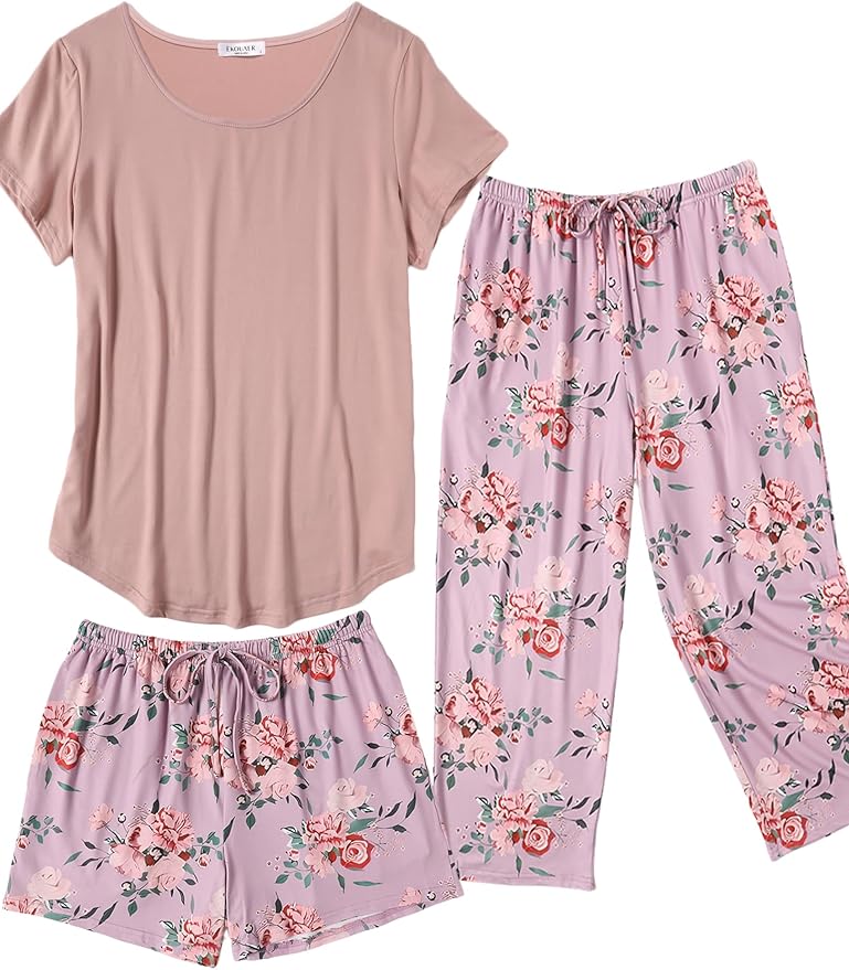 Ekouaer 3 PCS Capri Pajamas for Women Set Short Sleeve Pajama Sets Floral Pj Sets Soft Sleepwear with Pockets