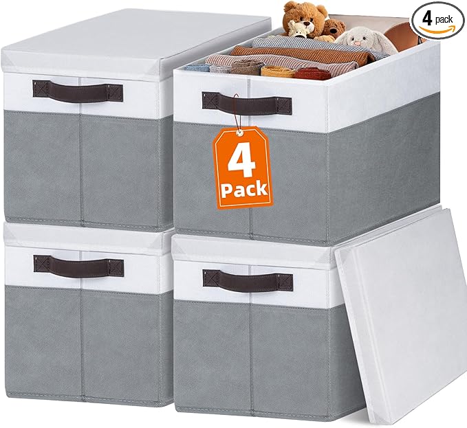 Large Closet Storage Baskets Bins with Lids 4 Pack, Storage Baskets for Organizing Shelves Nursery Bedroom, Home Dorm Clos...