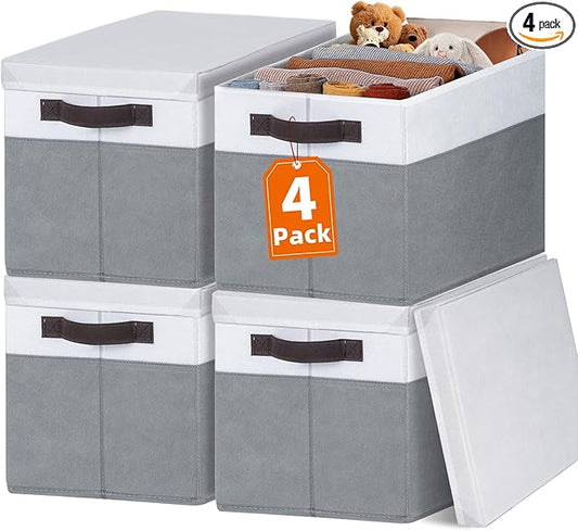 Large Closet Storage Baskets Bins with Lids 4 Pack, Storage Baskets for Organizing Shelves Nursery Bedroom, Home Dorm Clos...