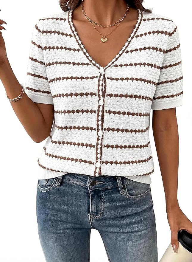 Dokotoo Cardigan Sweaters for Women Spring Summer Short Sleeve Crochet Striped V Neck Button Casual Lightweight Knit Tops