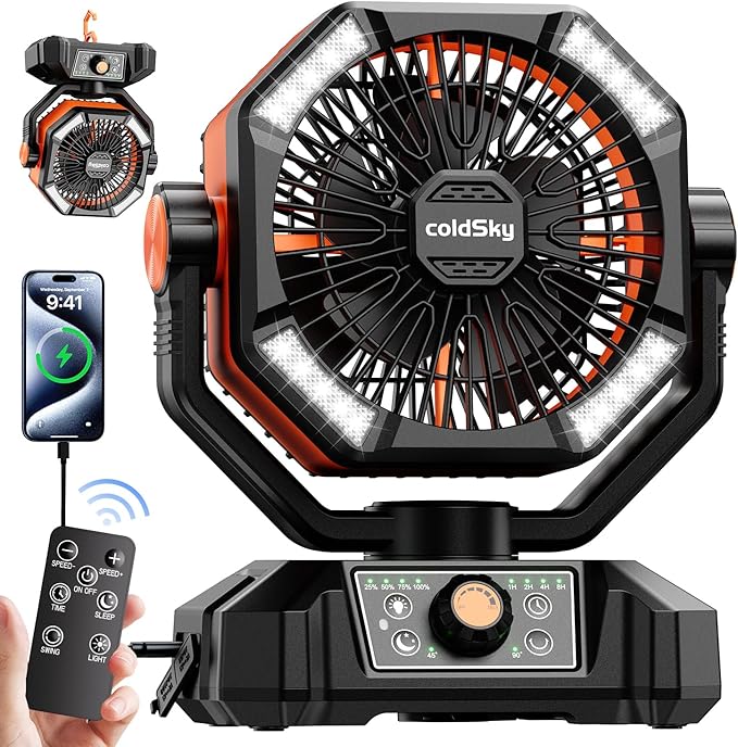 coldSky 𝟮𝟬𝟬𝟬𝟬𝗺𝗔𝗵 Camping Fan with 𝗗𝘂𝗮𝗹 𝗠𝗼𝘁𝗼𝗿, Battery Operated Fan with 4 LED Lantern, 8 Speeds Desk Fan ...