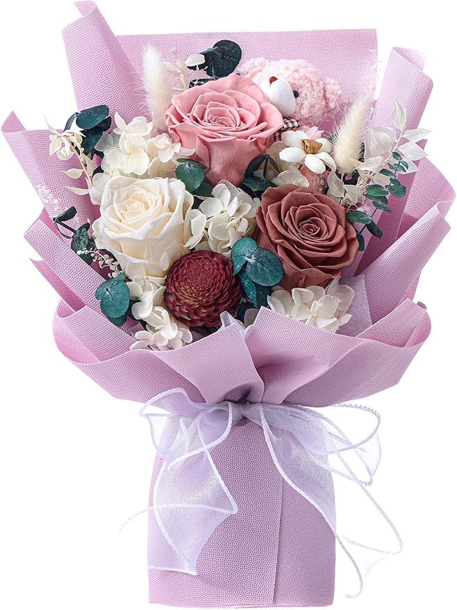 Polylove Forever Flower Bouquet Flowers for Delivery Prime Preserved Roses with Bear Gift Box for Wife Women Mother Day An...