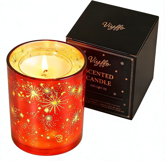 Viyffo 12oz LED Light Up Scented Candle, Lavender & Eucalyptus Soy Candle, Decorative Red Glass Jar Candle, Non Toxic Home...