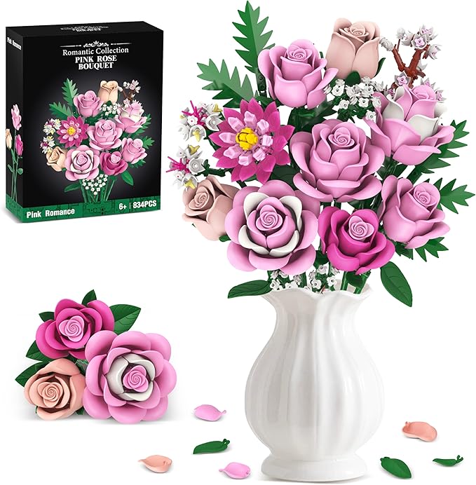Pink Rose Bouquet Flowers Building Set, 834Pcs Roses Artificial Flowers Botanical Collection Gift for Mothers Day Mom Wome...