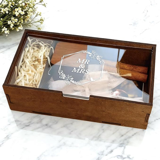 SEEBERY Mr and Mrs Wedding Keepsake Box with Lid – Personalized Wooden Memory Box for Bride and Groom, Unique Gift for Cou...