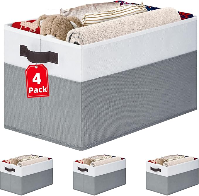 4 Pack Large Closet Storage Baskets Bins for Shelves | Fabric Closet Organizers and Storage with Handles Home Organization...