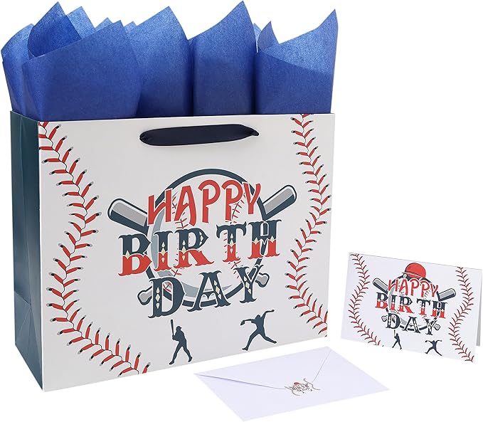 wishinside 13” Large Baseball Happy Birthday Gift Bag Set with Handles, Greeting Card, Tissue Papers and Stickers for Boys...