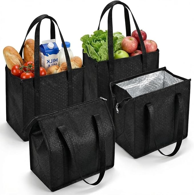 GZGTUU 4 Pack Leakproof Insulated Grocery Bags, Reusable Thermal Tote with Zipper Top, Foldable Cooler Bags Insulated for ...