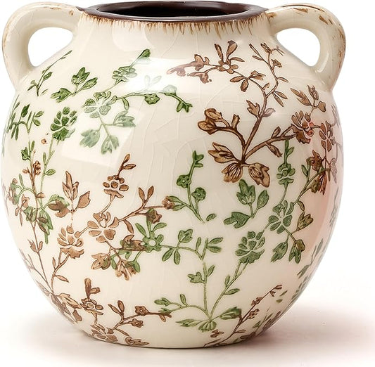 Green and Beige Antique Vase, 5.6 Inch Vintage Chinoiserie Floral Vase, Rustic Ceramic Vase for Home Decor, Living Room, B...