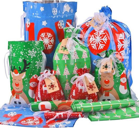 Christmas Gift Bags Assorted Sizes, 22pcs Drawstrings Christmas Bags For Gifts, Presents Wrapping Bags Favor Goody Bags Re...