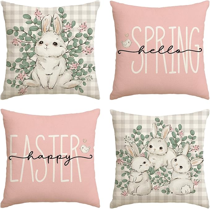 AVOIN colorlife Happy Easter Buffalo Plaid Rabbit Pink Throw Pillow Cover, 20 x 20 Inch Eucalyptus Leaves Hello Spring Cus...