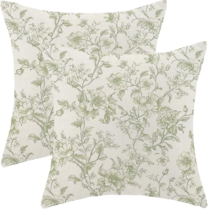 Sorktse Vintage Sage Green Pillow Covers 18x18 Set of 2 Chinoiserie Floral Throw Pillows Light Green Flower Pillowcase Lin...