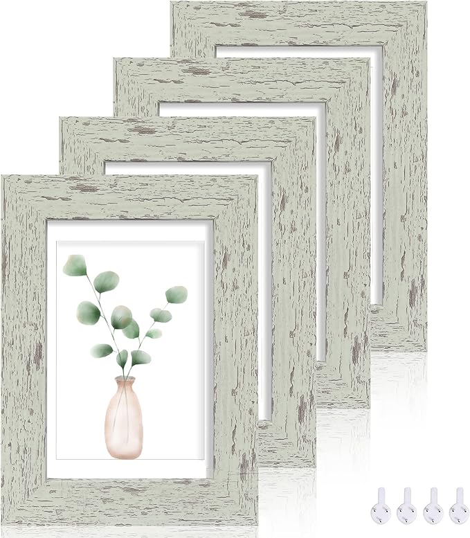 Hongkee 5x7 Picture Frame Set of 4, Made of Real Glass and Sage Green Wooden Frame, 5 by 7 Photo for Wall or Tabletop - Di...
