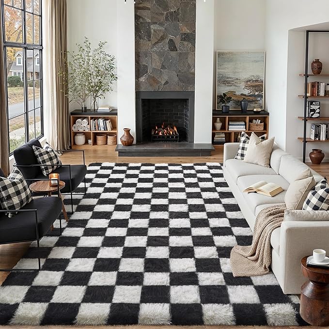 PureCozy Checkered Rug 8x10 for Living Room, Black and White Modern Shag Rugs Super Soft Washable Indoor Office Fuzzy Carp...