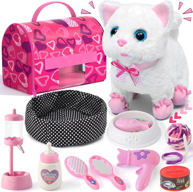 Golray Cat Toys for Kids Girls Gift, Electronic Interactive Plush Toy Cat Can Walk and Meow - 16 Pcs Carrier & Pet Groom F...