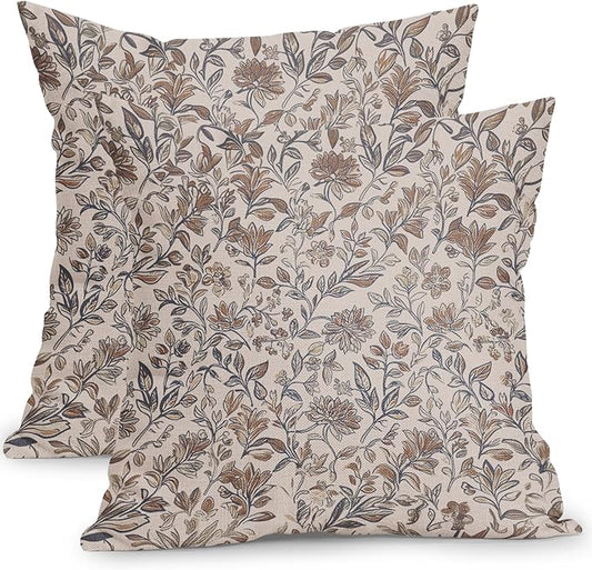 Ancordivo Vintage Floral Pillow Covers 24x24 Inch Set of 2 Antique Flower Block Print Throw Pillow Covers Brown Neutral Tr...