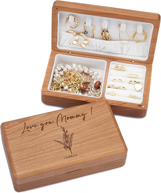 Customization Mill Personalized Wooden Jewelry Box with 1 Custom Birth Flower - Engraved Keepsake Organizer for Rings & Ne...