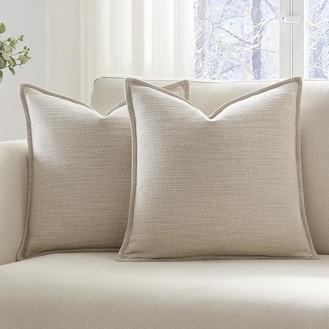 Meekio Set of 2 Linen Beige Pillow Covers 18x18, Linen Look Throw Pillow Covers with Flange Edge for Sofa Couch Living Décor