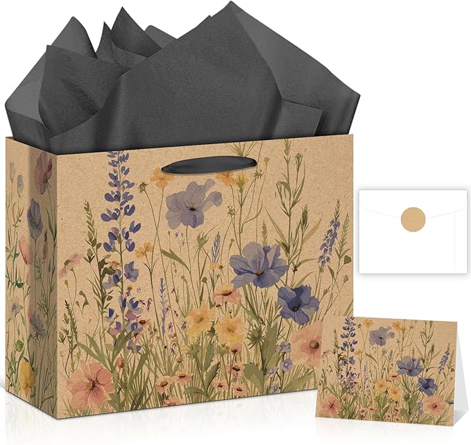 Wildflower Gift Bag Christmas Gifts Wild Floral Birthday Bag with Wrapping Paper Card Sticker Envelope for Watercolor Flow...