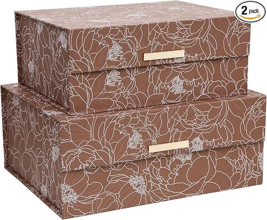 MIZFRUZZY 2-Piece Decorative Keepsake Storage Boxes with Lids, Warm Cocoa Brown Floral Line Art Design, Memory Boxes with ...