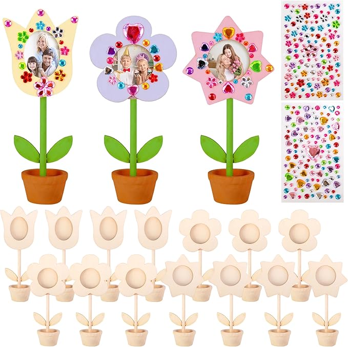 14 Sets DIY Paintable Wood Flowers Photo Holders, Mother's Day Crafts Wooden Flower Picture Frames, Spring Flower Pot Unfi...