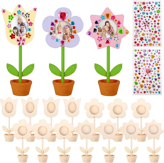 14 Sets DIY Paintable Wood Flowers Photo Holders, Mother's Day Crafts Wooden Flower Picture Frames, Spring Flower Pot Unfi...