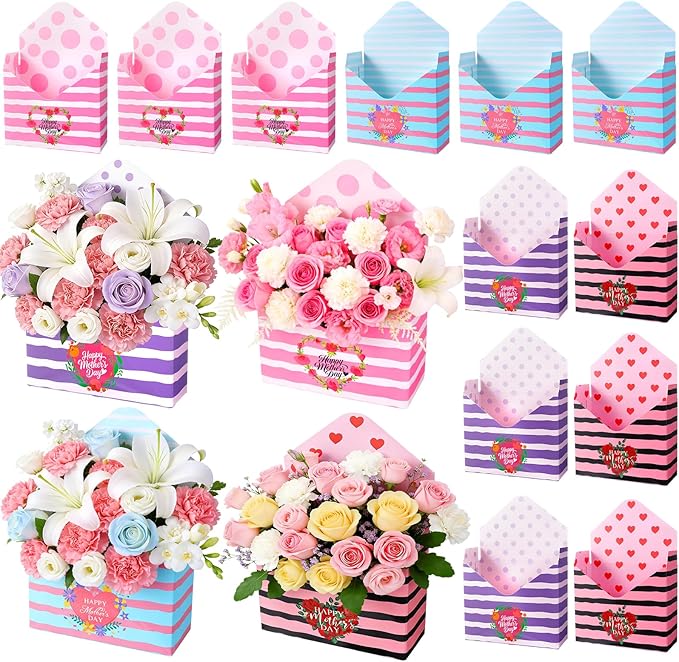 12 Pcs Gifts for Mothers Day Florist Box Mothers Day Bouquet Envelope Boxes Stripe Mother Gifts Floral Envelope Boxes Pape...