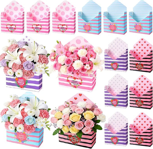 12 Pcs Gifts for Mothers Day Florist Box Mothers Day Bouquet Envelope Boxes Stripe Mother Gifts Floral Envelope Boxes Pape...