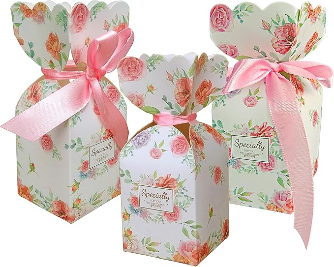 Lontenrea 50 Pcs Floral Pattern Candy Boxes Wedding Birthday Party Favor Gift Box with 50pcs Light Pink Ribbon