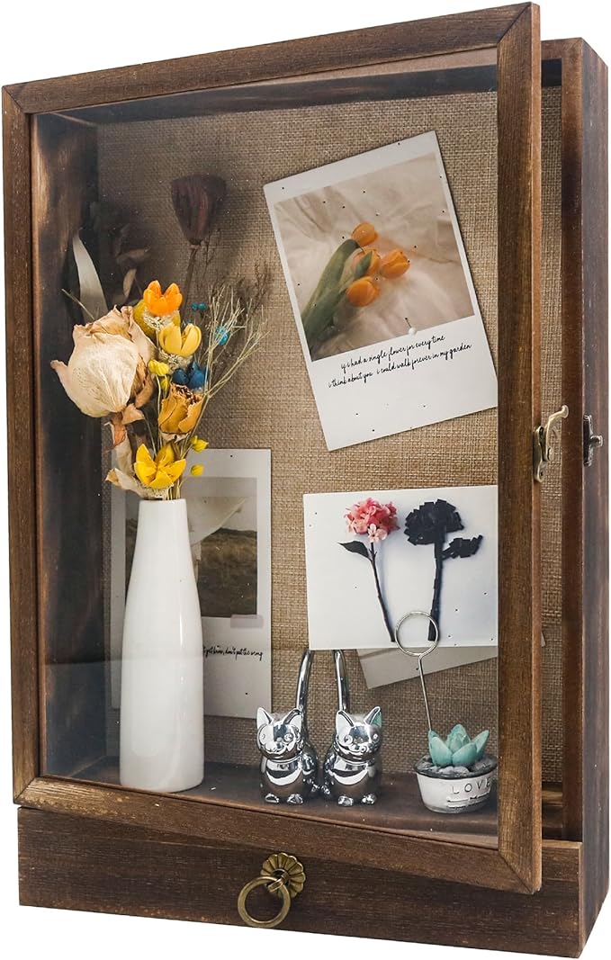 FramePro 11x16 Deep Shadow Box Frame with Drawer and Soft Line Back, Wooden Display Case Memory Box Real Glass for Keepsak...