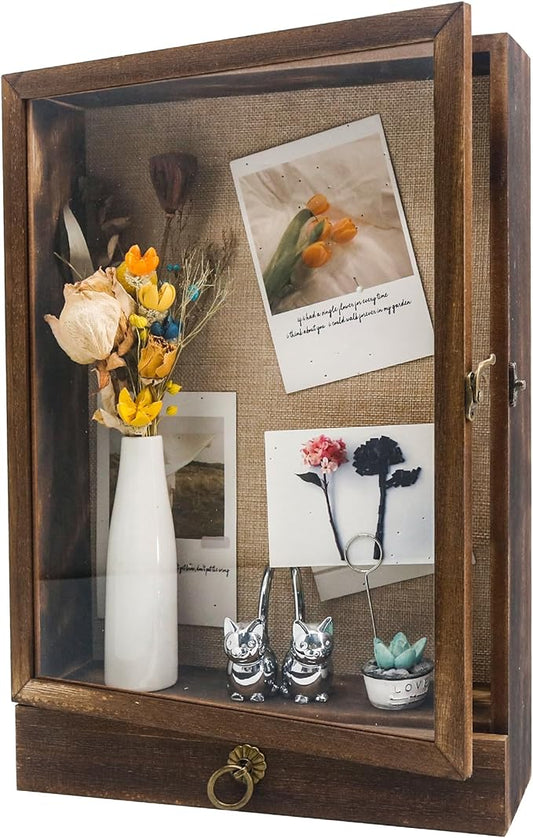 FramePro 11x16 Deep Shadow Box Frame with Drawer and Soft Line Back, Wooden Display Case Memory Box Real Glass for Keepsak...