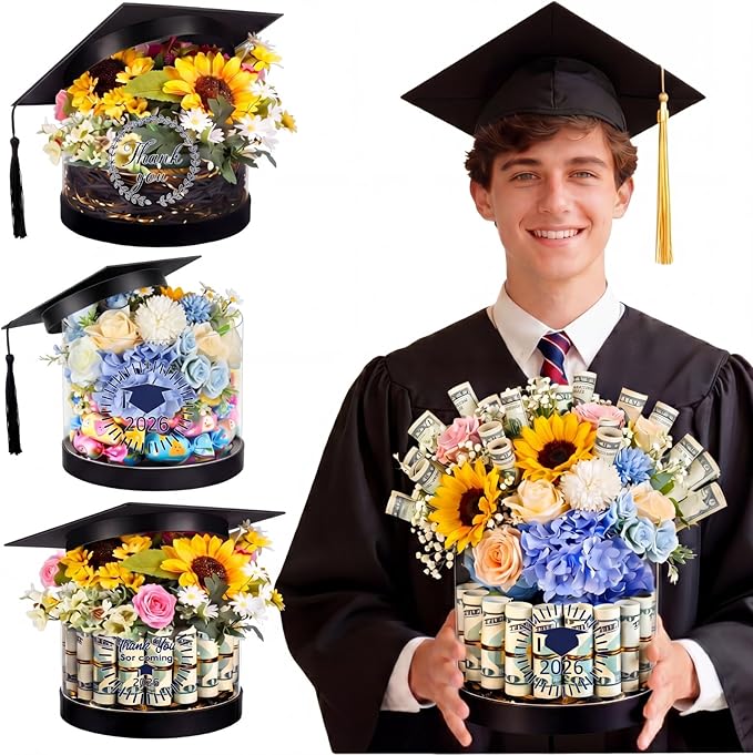 Lerheedi 4 Set Graduation Cap Flower Gift Boxes Class of 2026 Graduation Centerpiece Gift Box Candy Money Holders Box with...