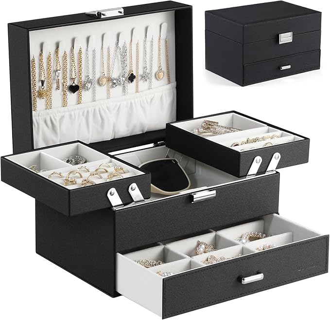 Dajasan Jewelry Organizer Box, Large Jewelry Boxes for Women Girls, Space-Saving 3 Layers Jewelry Storage Case with Drawe...