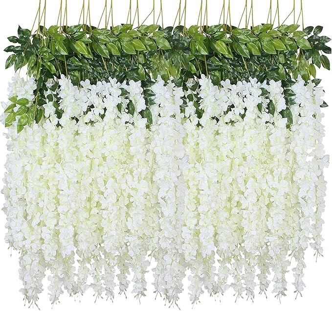 WEISPARK Fake Hanging Flowers - 12 Pieces 3.75 Feet/Piece Artificial Wisteria Vine Ratta Hanging Garland Silk Flowers for ...