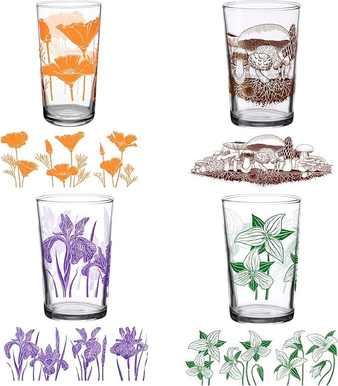 DOWN TO EARTH BASICS Vintage Glasses Set – 7 oz Retro Tumbler Variety Pack – Poppy, Iris, Trillium, Mushroom – Durable Flo...