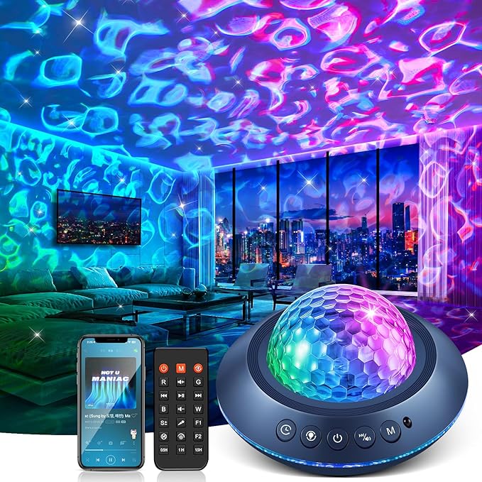 One Fire Ocean Light Projector,15 White Noises & Bluetooth Ambient Lighting, 360° Full Coverage Ceiling Projector Ocean La...