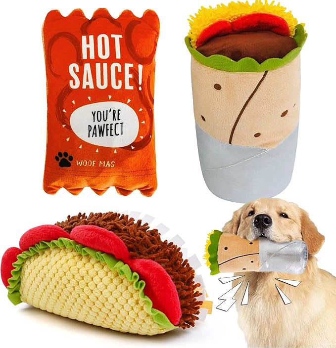 Prime Pets Plush Dog Toys Set, 3 Pack, Crinkle Squeaky Dog Toys, Food Shaped Pet Toy for Small Medium Large Dogs, Stuffed ...