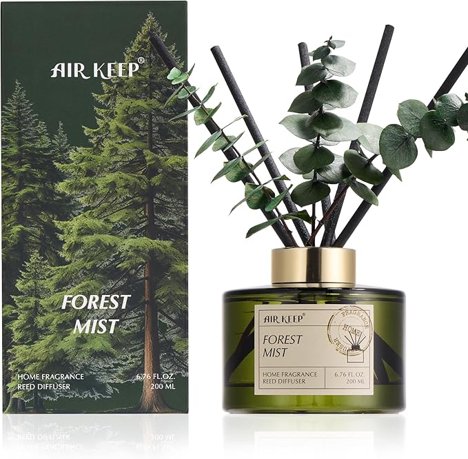 Airkeep Reed Diffuser Set with 6.76 fl oz Forest Mist Scent Essential Oils and 3 Leaves & 8 Diffuser Sticks,Bathroom Shelf...